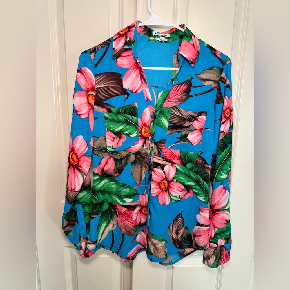Express Portofino Slim Floral Print Roll-Tab Sleeve Button-Up Shirt Size S